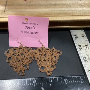 Earrings Darker Mustard Yellowish Brown Triangle Crocheted Crochet Hand Crafted